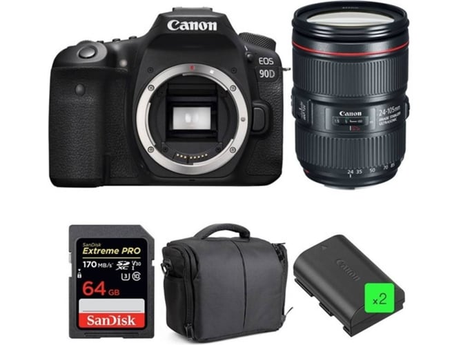 Kit Cámara Réflex CANON EOS 90D + EF 24-105mm f/4L IS II USM + SanDisk 64GB + 2 LP-E6N + Bolsa