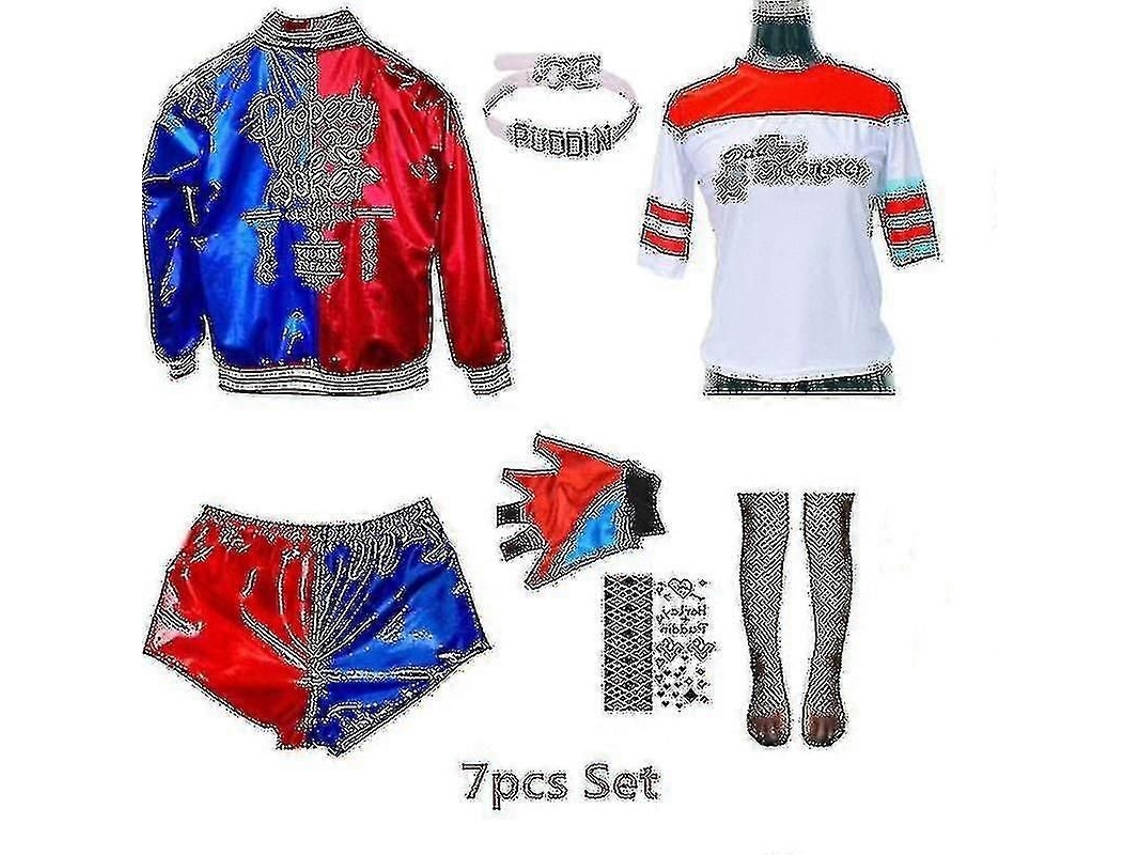 Disfraz De Harley Quinn Para Adulto Con Camiseta, Chaqueta, Pulseras, Cinturón Y Peluca Para Halloween Y Fiestas.