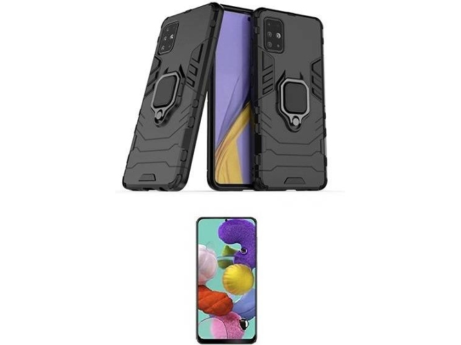 Kit Carcasa, Protector de Cristal Templado y Soporte Magnético Samsung Galaxy A51 Defender Negro