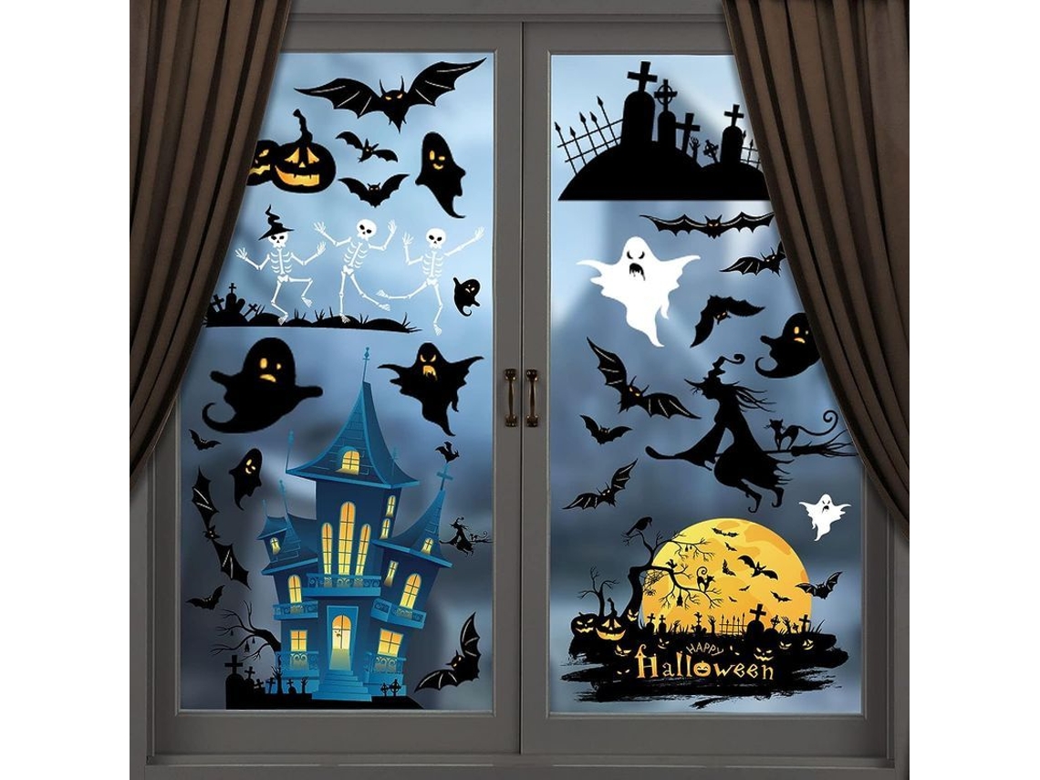 4 Hojas De Calcomanías Para Ventana De Halloween Con Murciélagos, Calabazas Y Esqueletos Reutilizables Y Desmontables