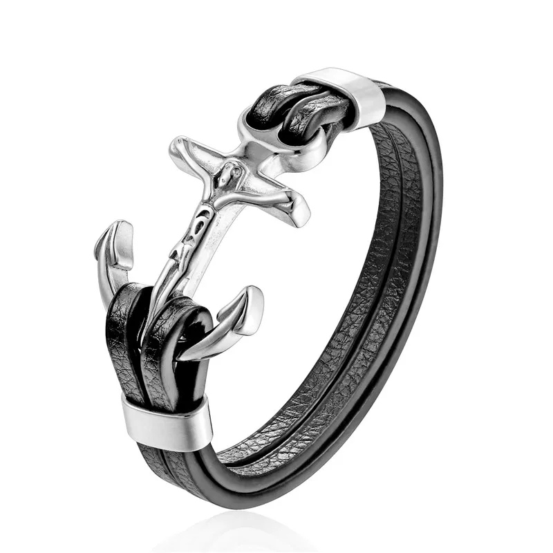 Pulsera De Ancla De Cuero Genuino Para Hombre, Pulsera Con Colgante De Acero Inoxidable