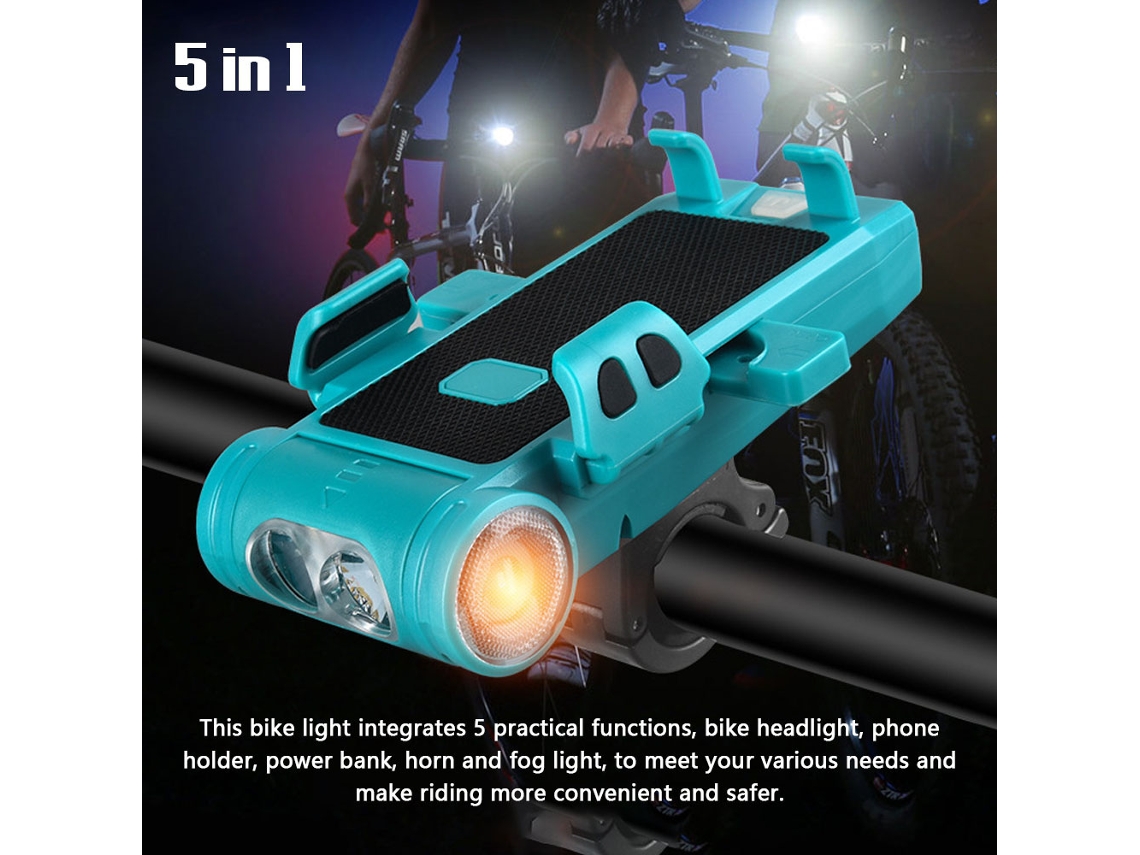 Luz Para Bicicleta 5 En 1: Faro Delantero Recargable De 3500 Mah Con Soporte Para Teléfono Móvil, Batería Externa, Bocina Y Luz Antiniebla.