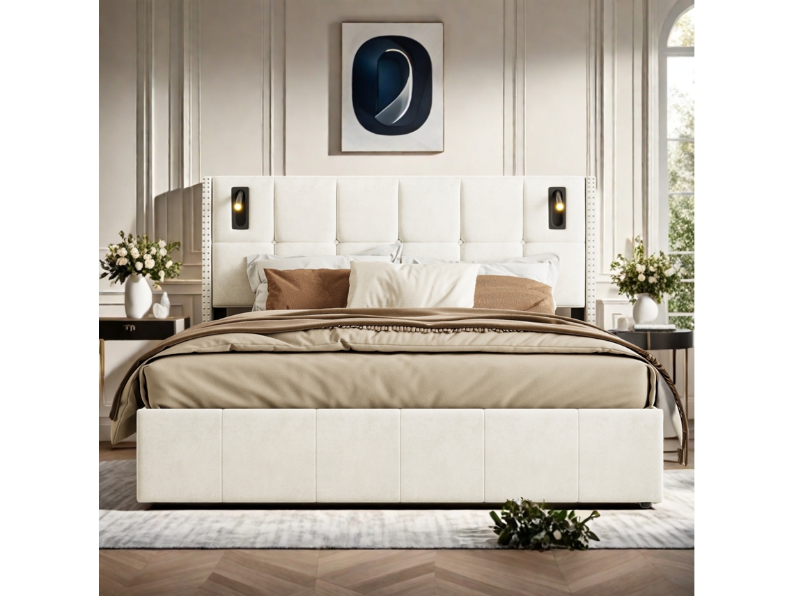 Cama de 160x200 cm, Cabecero con almacenaje y LED, Sistema Hidráulico, Lino Ycone (beige)