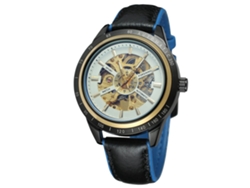 Reloj Automático Forsining Para Hombre Con Correa De Cuero Y Esfera Redonda Calada, Blanco Y Azul.