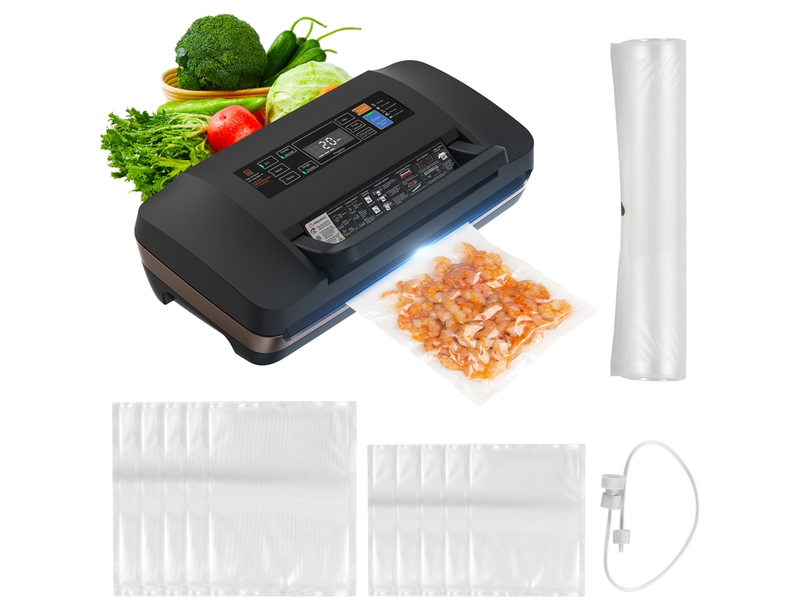 Máquina selladora al vacío de alimentos negra con bomba seca/húmeda, con rollo de film y bolsas