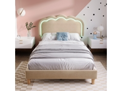 Cama de 90x190 cm tapizada en lino con LED y somier de láminas beige