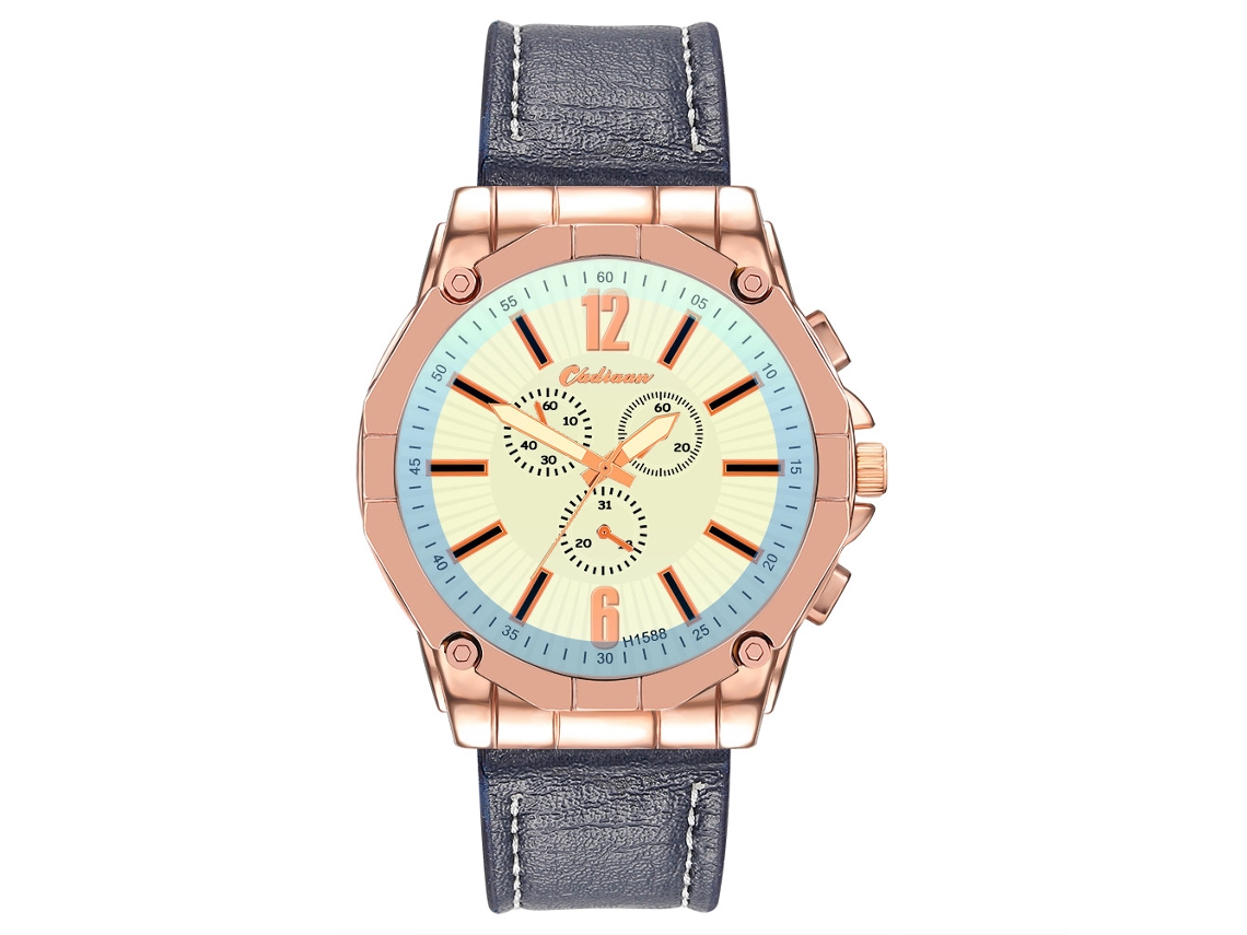 Reloj De Moda Para Hombre Con Correa De Piel Sintética Y Esfera De Tres Subesferas (oro Rosa Y Azul).