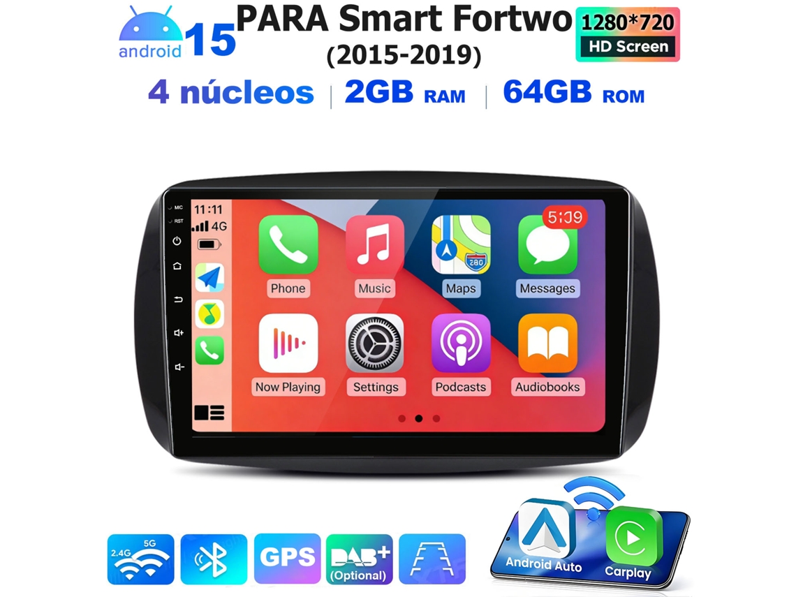 Radio Hexinex De 9 Pulgadas Con Carplay Y Android Auto Inalámbricos (2 Gb + 64 Gb, Android 15) Para Smart Fortwo 2015-2019 — Quad-core