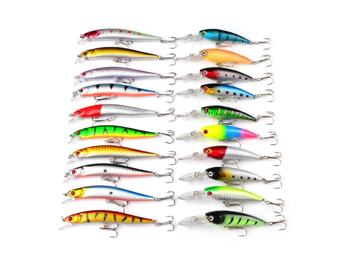 Kit De 20 Señuelos De Pesca Duros Con Anzuelos Triples Ojos 3d Lifelike Minnow Para Bass Peces De Mar