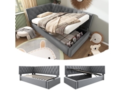 Sofá Cama Infantil/juvenil De 90x200 Cm Con Almacenamiento Hidráulico, Base De Láminas De Madera, Tapicería De Terciopelo Gris, Colchón No Incluido.