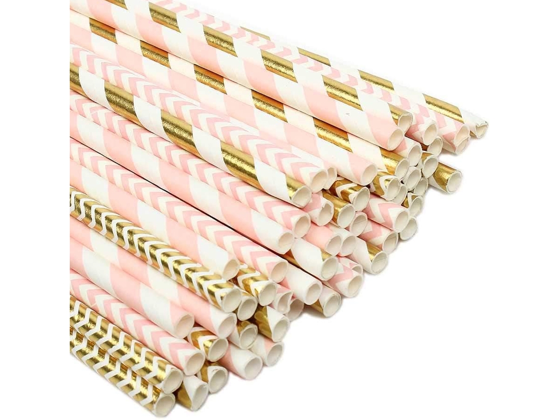 100 pajitas de papel biodegradables, diseño de rayas doradas y rosas para decoración de café y fiestas MEOIRUERY