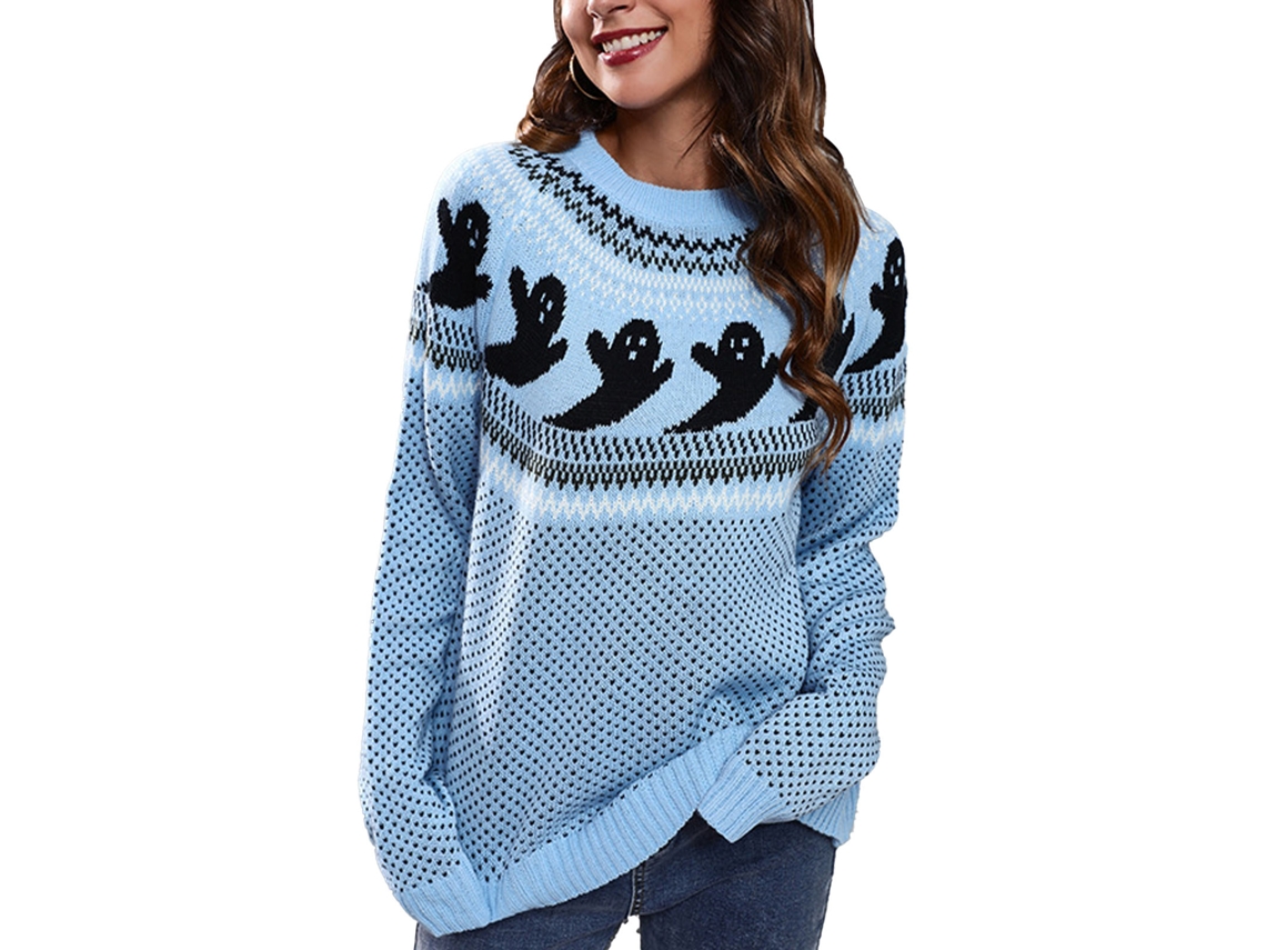 Suéter de Halloween Kkpm con estampado de fantasmas y lunares retro, manga larga, cuello redondo, tela para mujer, azul claro, talla L