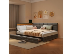 Cama Tapizada En Forma De L, 140x190cm, Con Puerto De Carga Usb, Led Y 2 Cajones De Almacenamiento, Tela De Lino,gris, Rosa.
