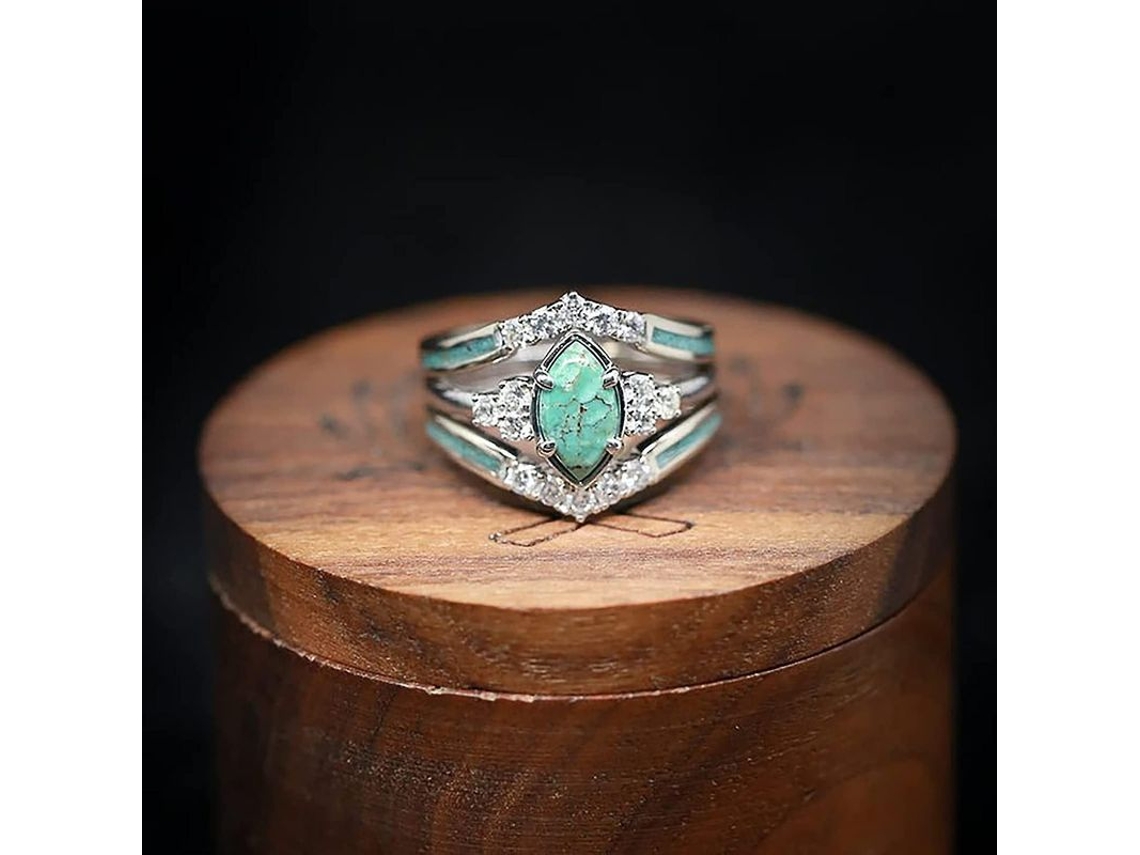Anillo De Plata De Ley 925 Con Turquesa Natural Y Diamante - Accesorio De Joyería Sencillo Y Moderno - Regalo Popular Para Mujeres