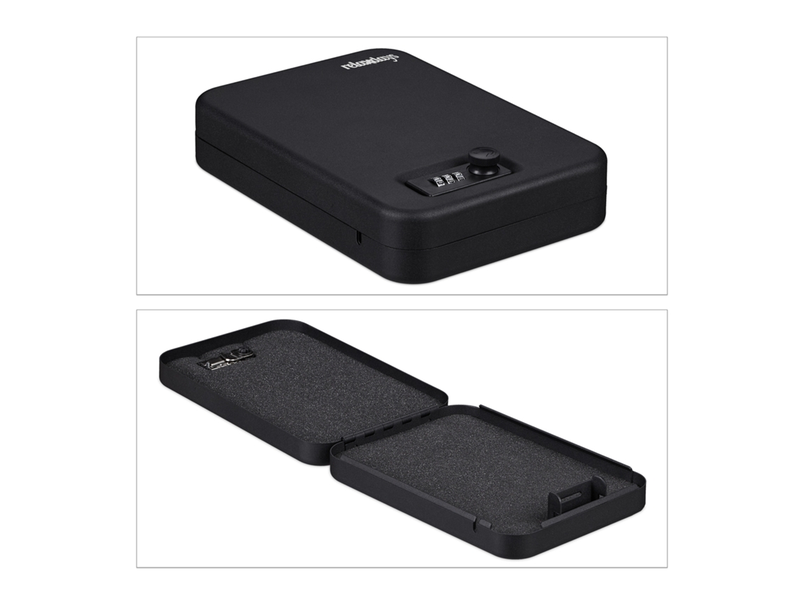 Relaxdays Caja Fuerte Portátil Seguridad, Cerradura Combinación, Coche O Viaje, Acero, Con Cable, 5,5x17x25 Cm, Negro
