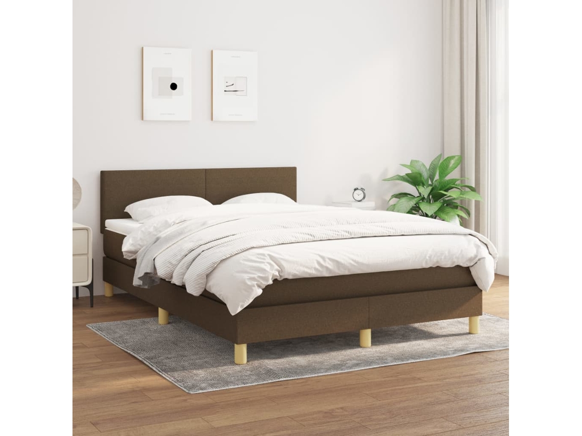 Cama Box Spring Con Colchón Tela Marrón Oscuro 140x190 Cm
