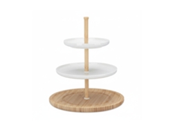 Relaxdays Etagere Bambú Y Cerámica 3 Niveles, Bandeja 30 X 36 Cm Para Galletas, Fruta Y Aperitivos, Blanco Natural