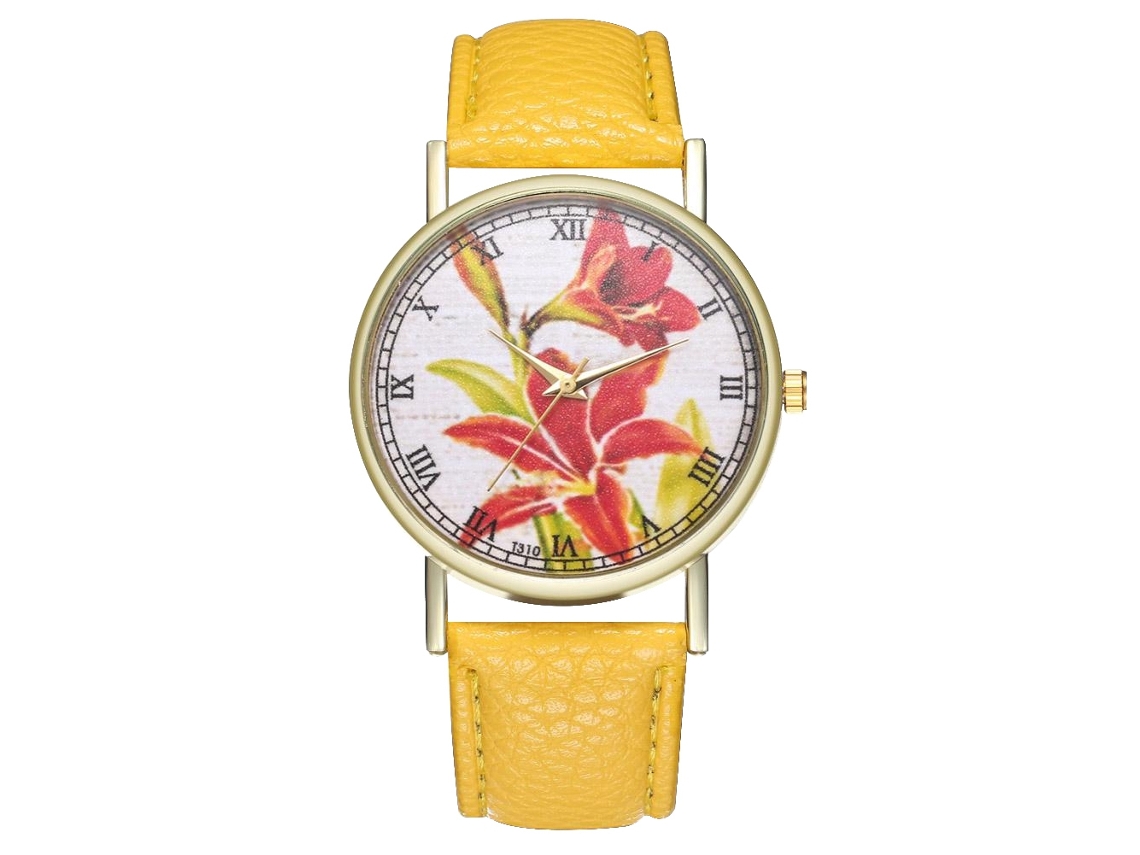 Reloj De Pulsera De Moda Para Mujer Con Correa De Pu, Estampado Floral, Esfera Redonda Y Movimiento De Cuarzo Amarillo.