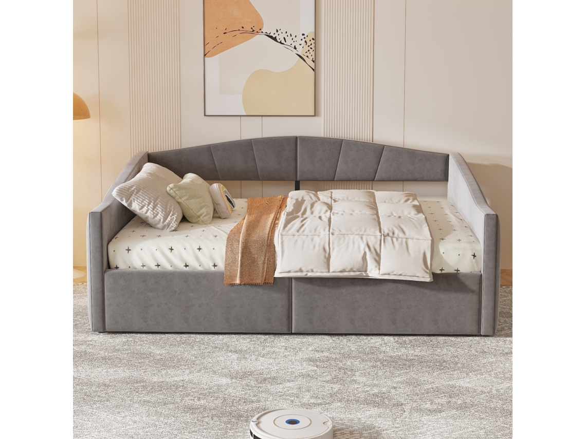 Sofá Cama Tapizado 140x200 Cm - Con Somier De Láminas - Tejido De Terciopelo - Gris (colchón No Incluido)