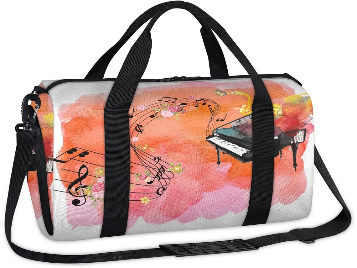 Bolsa Deportiva Estampado Floral Notas Musicales Para Fin Semana Bolso Tote Informal Bolsa Niños Niñas Muje