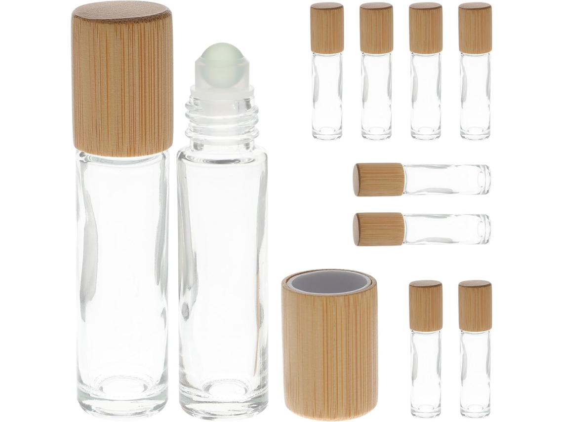Nuobesty Pacote Com 10 Frascos Roll-on De Vidro Transparente De 10ml Com Tampa De Bambu E Bico Esférico
