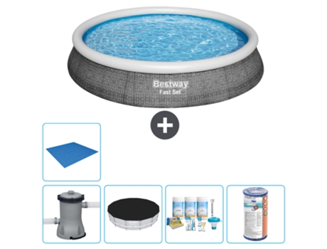 Piscina hinchable redonda Fast Set BESTWAY - Estampado ratán - 396 x 84 cm - Bomba incluida Cubrir - Paquete de mantenimiento - Filtrar - Suelo