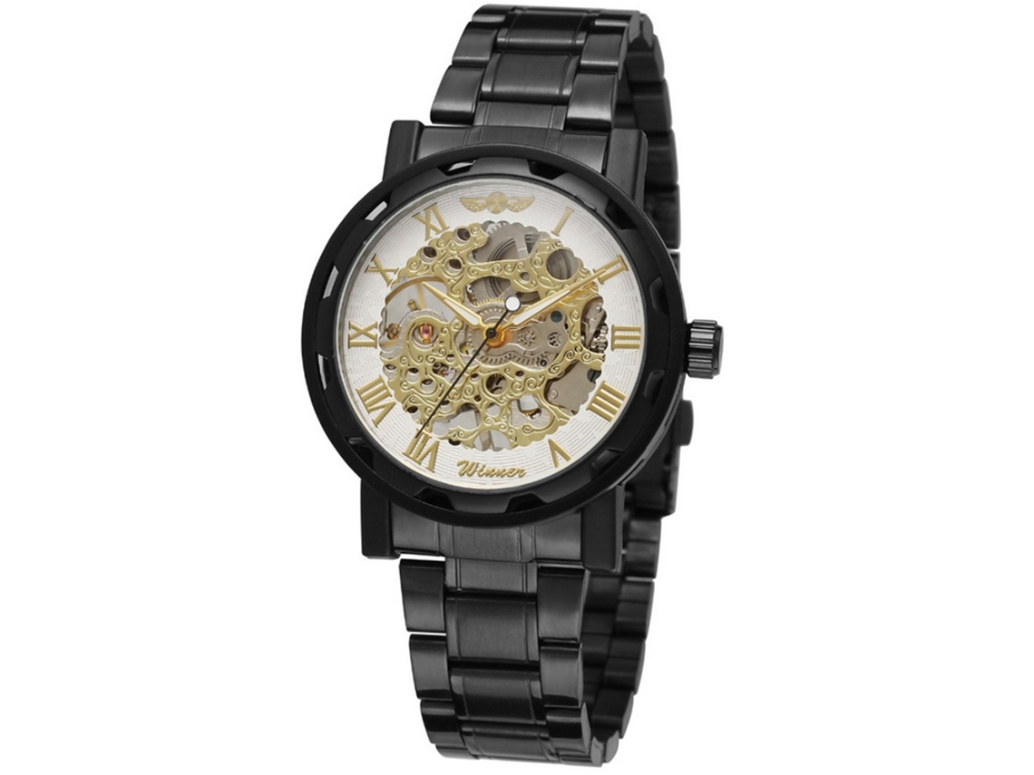 Reloj Mecánico Para Hombre Winner, Resistente Al Agua, Con Brazalete De Acero, En Blanco Y Negro.