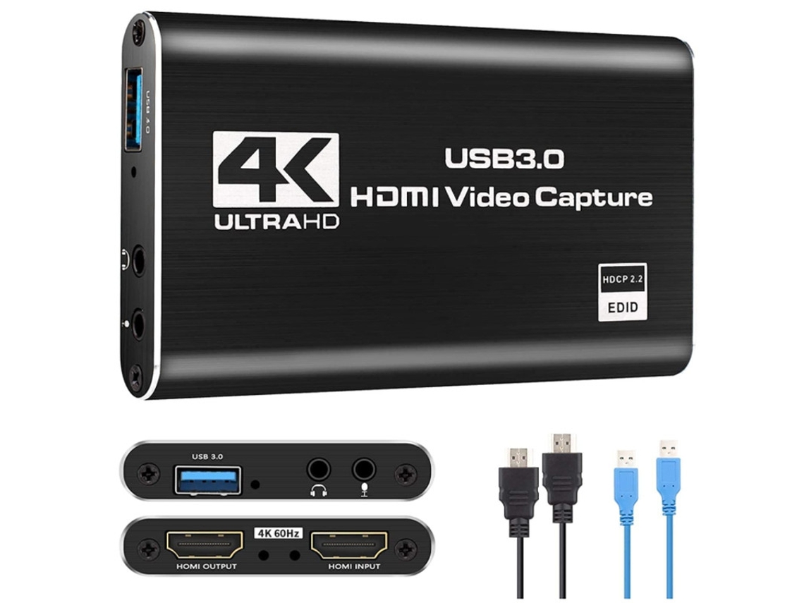 Tarjeta de captura de transmisión USB 3.0 4K 60Hz con puertos de audio y micrófono y cables USB 3.0/HDMI color negro Yizhood