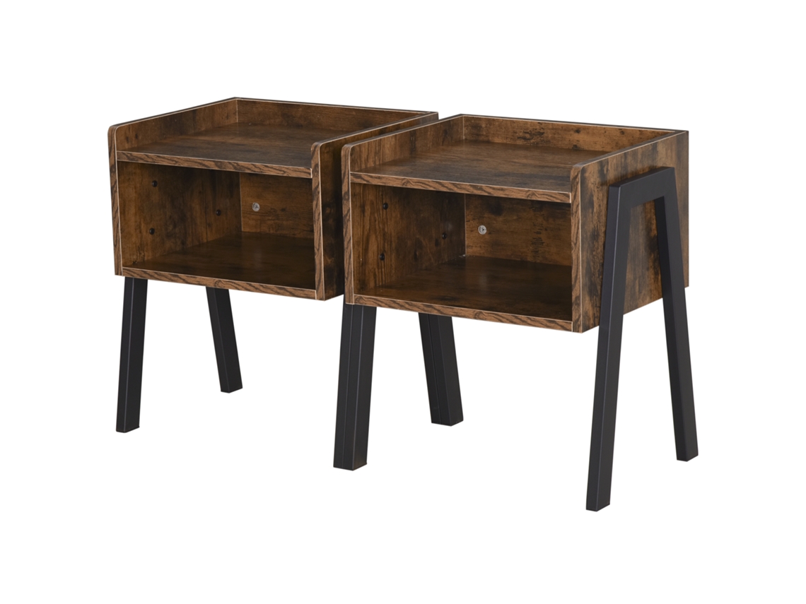 Juego de 2 mesitas de noche apilables, estilo industrial, madera rústica marrón, negro.