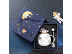 Caneca de Cerâmica Branca com Tampa e Colher, Série Astronauta, Brinde Corporativo Criativo MDUG