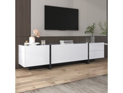 Mueble TV con patas, puertas y cajones en color negro brillo y blanco en contraste, y estantes interiores en las puertas del mueble.
