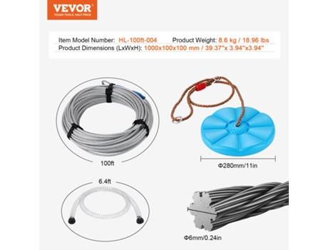 VEVOR Kit de tirolesa de 100 pies para niños y adultos Tirolesa Trolley Slackers Capacidad de peso de hasta 500 libras.