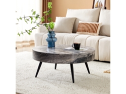 Mesa De Centro Redonda De Mdf, Mármol Gris Y Metal Negro, 70 Cm.
