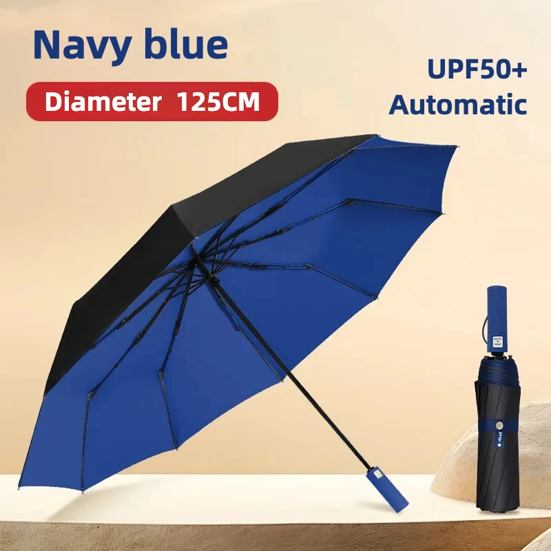 Paraguas Plegable Automático Extragrande De 125 Cm (azul Marino 10k), Material De Vinilo, Upf50+.