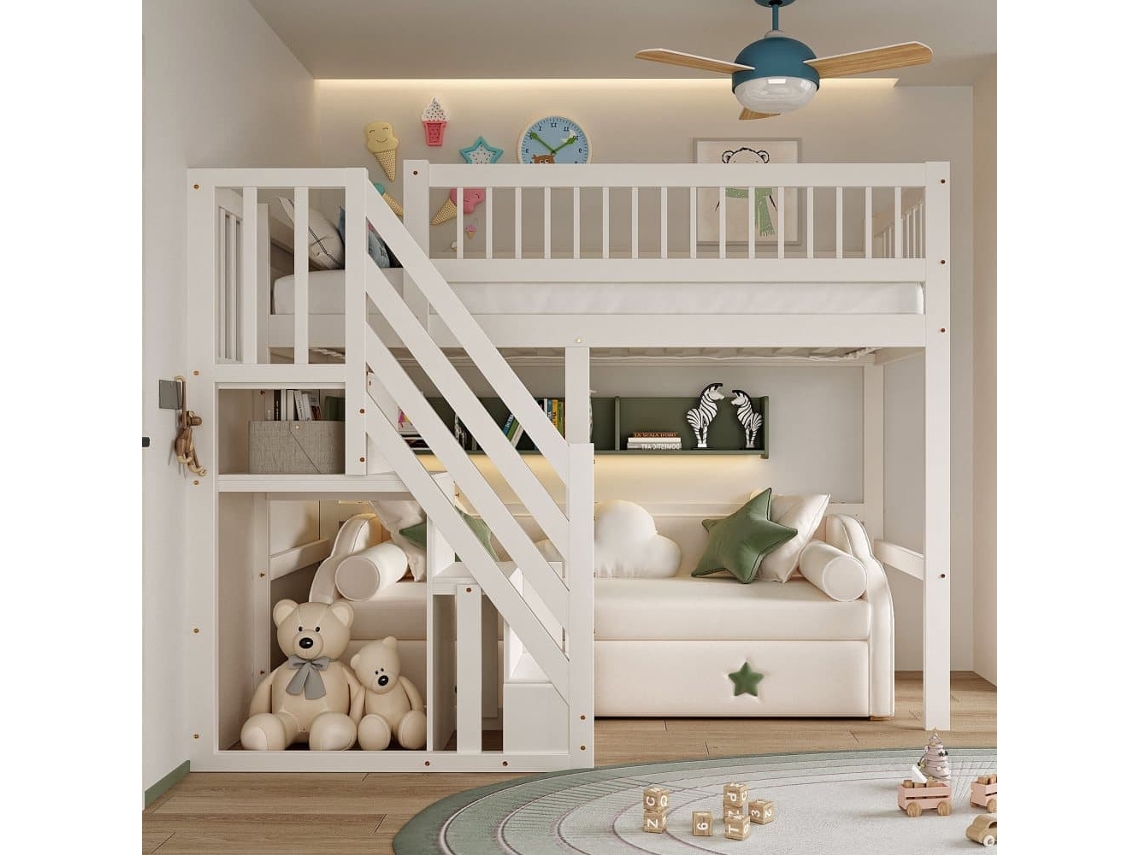 Cama Alta De Madera Maciza 90x200 - Con Escalera Y Armario De Almacenamiento, Cama Individual Para Niños Y Jóvenes - Blanco