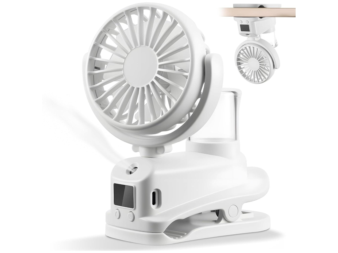 Ventilador silencioso con clip (blanco) - Con pantalla LED - Con función de rociado de agua - 4 velocidades ajustables - Recargable por USB