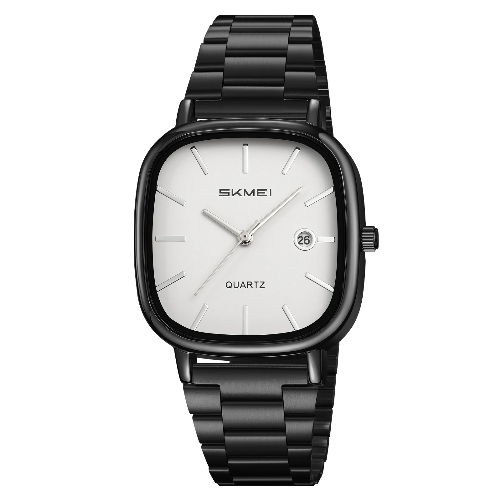 Caja Cuadrada De Aleación De Zinc(en Blanco Y Negro)brazalete De Acero Inoxidable, Resistencia Al Agua De 30 Metros, Indicador De Hora Y Fecha.