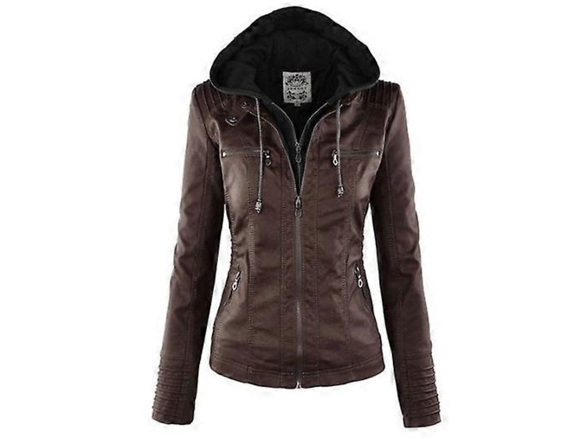 Chaqueta De Piel Falsa Mujer Con Capucha Invierno Otoño Moto Negro Marrón Tallas Amplias Xxxl Marrón