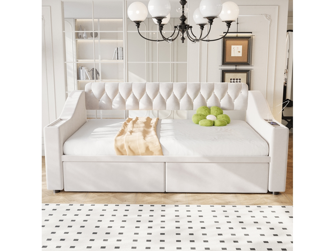 Sofá Cama 90x190 Cm De Terciopelo, Multifunción, Cajones De Almacenaje, Reposabrazos Anchos Con Estantes, Puertos Usb Integrados, Beige