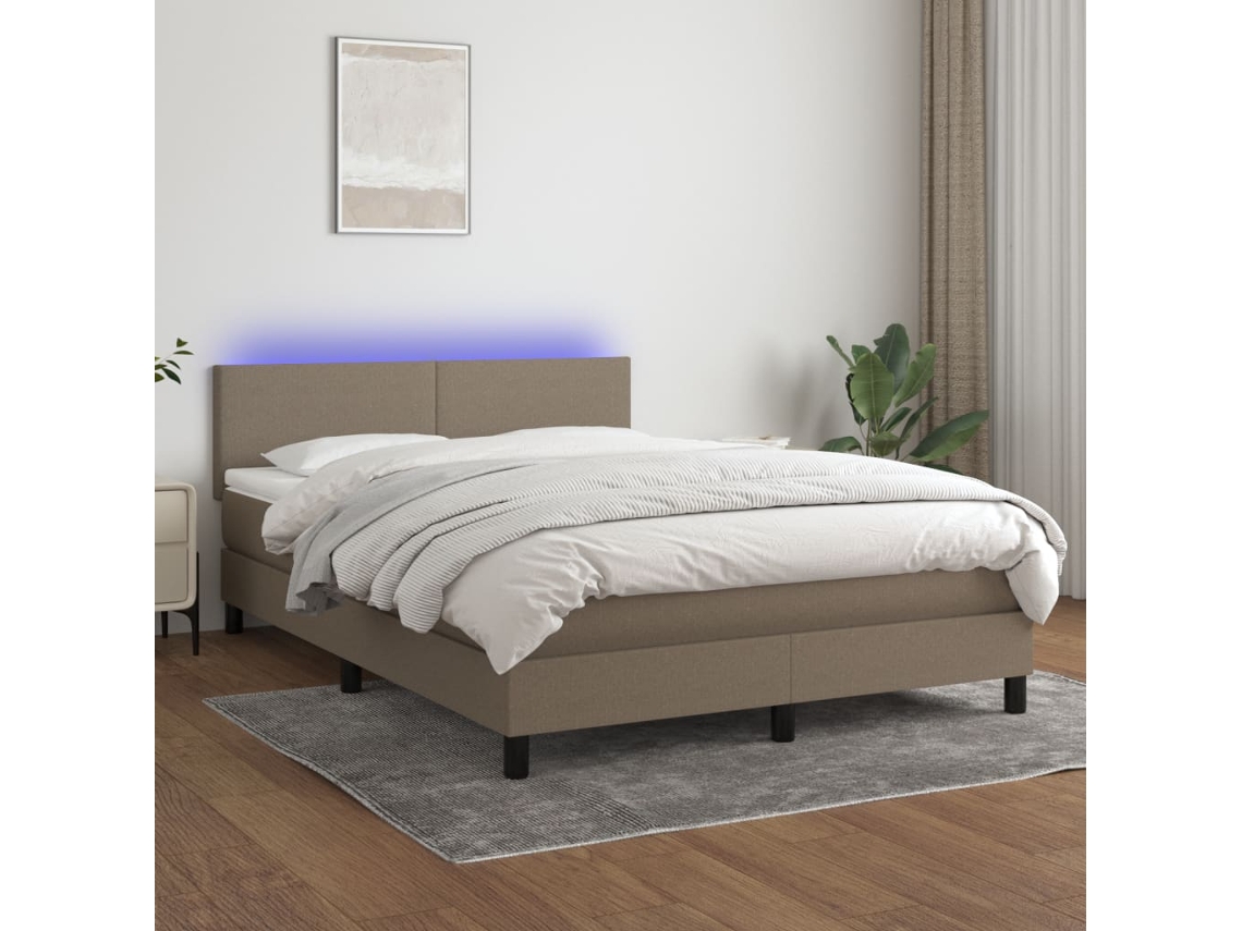 Cama Box Spring Con Colchón Led Tela Gris Taupe 140x190 Cm