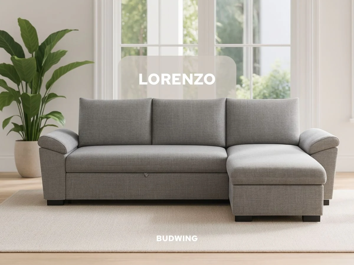 Sofá Cama 3 Plazas BUDWING Lorenzo Gris + Chaise c/ Almacenamiento + Brazos Curvos (248,5 x 157 x 89 cm - Reversible Lado Derecho/Izquierdo)
