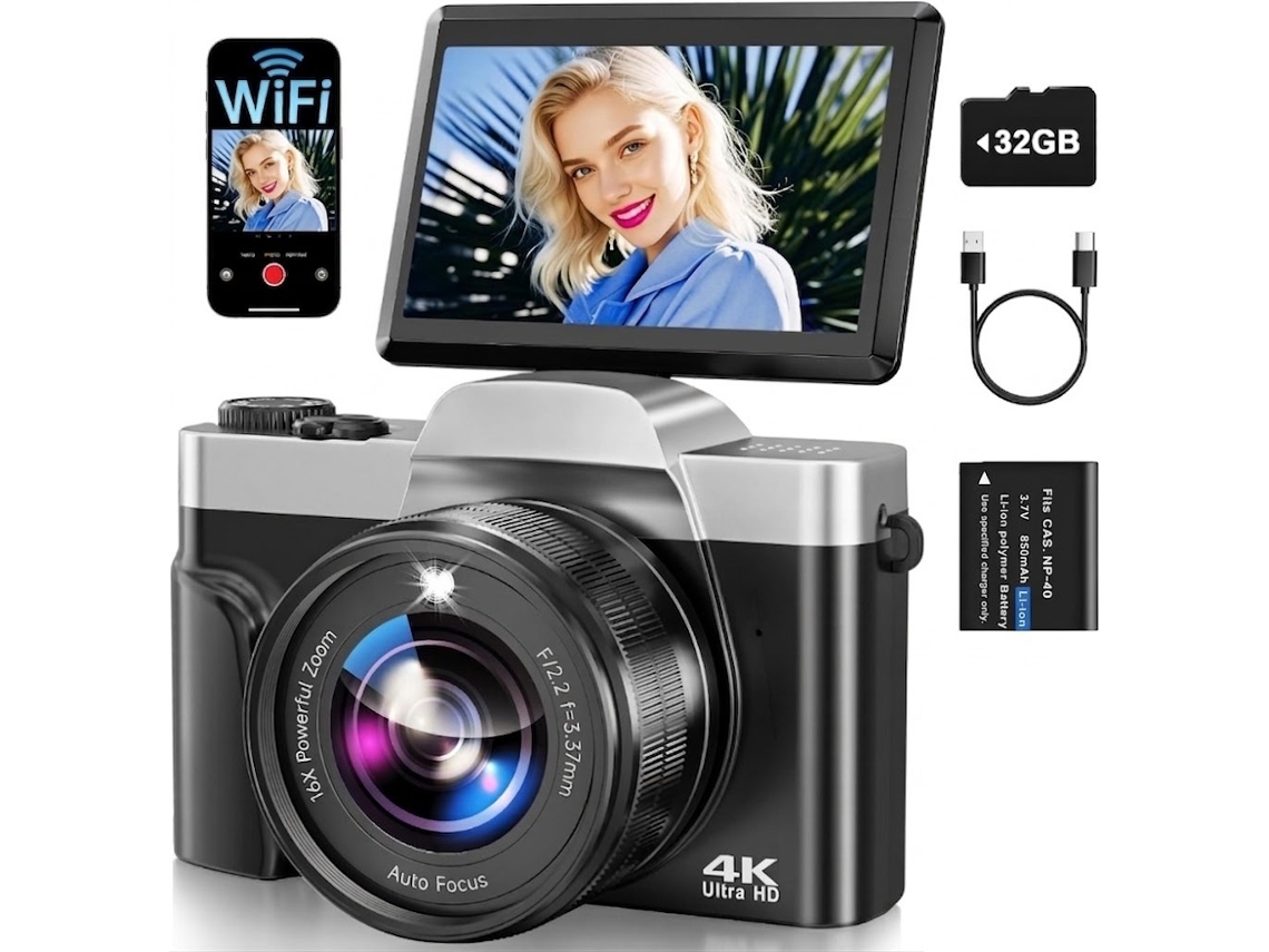 Cámara Digital 4k Wifi 64mp Pantalla Abatible 180º Regalo Para Niños Niñas Estudiantes (negro)