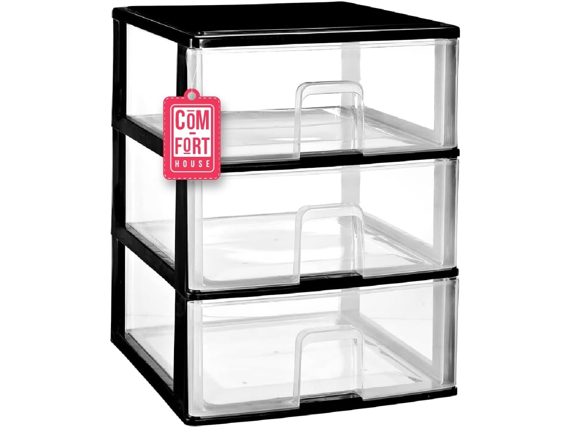 COM-FORT HOUSE | Cajonera Apilable de Plástico | Modelo Transparente | Color Negro | Modelo de 3 Cajones | Cajones de Almacenamiento Modular
