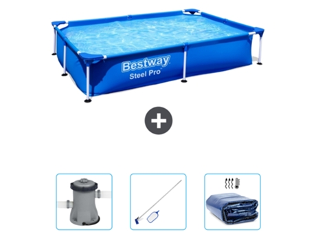 Piscina BESTWAY Rectangular Steel Pro - 221 x 150 x 43 cm - Azul - Incluida Bomba - kit de limpieza - Vela solar