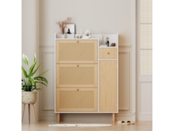 Zapatero De Madera Y Ratán - 3 Puertas Abatibles Y 1 Cajón - Estante Regulable - Natural Y Blanco