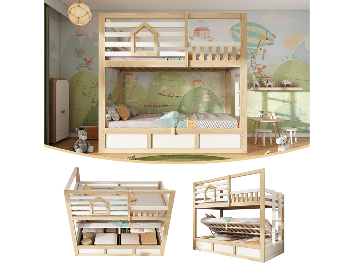Litera Infantil De 90x200 Cm Estilo Cabaña Con Ventanas, 2 Plazas Para Dormir, Escalera Recta, Almacenamiento Hidráulico, Color Blanco Y Madera.