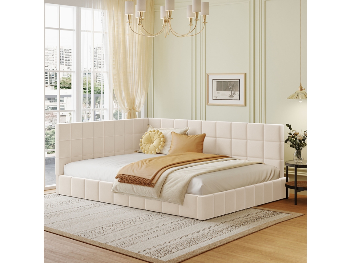 Sofá Cama Beige, 140x200 Cm, Terciopelo, Convertible, Base De Láminas.