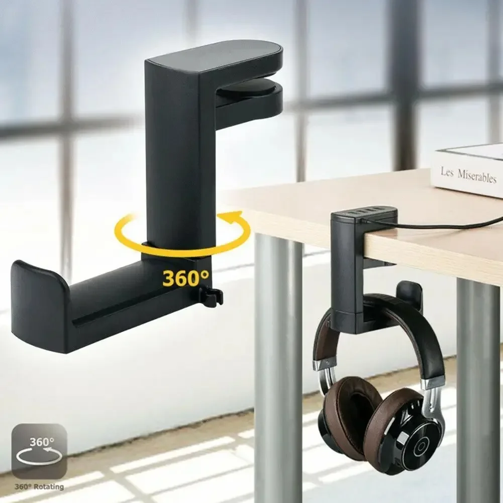 Soporte giratorio de 360° para auriculares Viewleaf con gancho de escritorio para juegos de PC, color negro