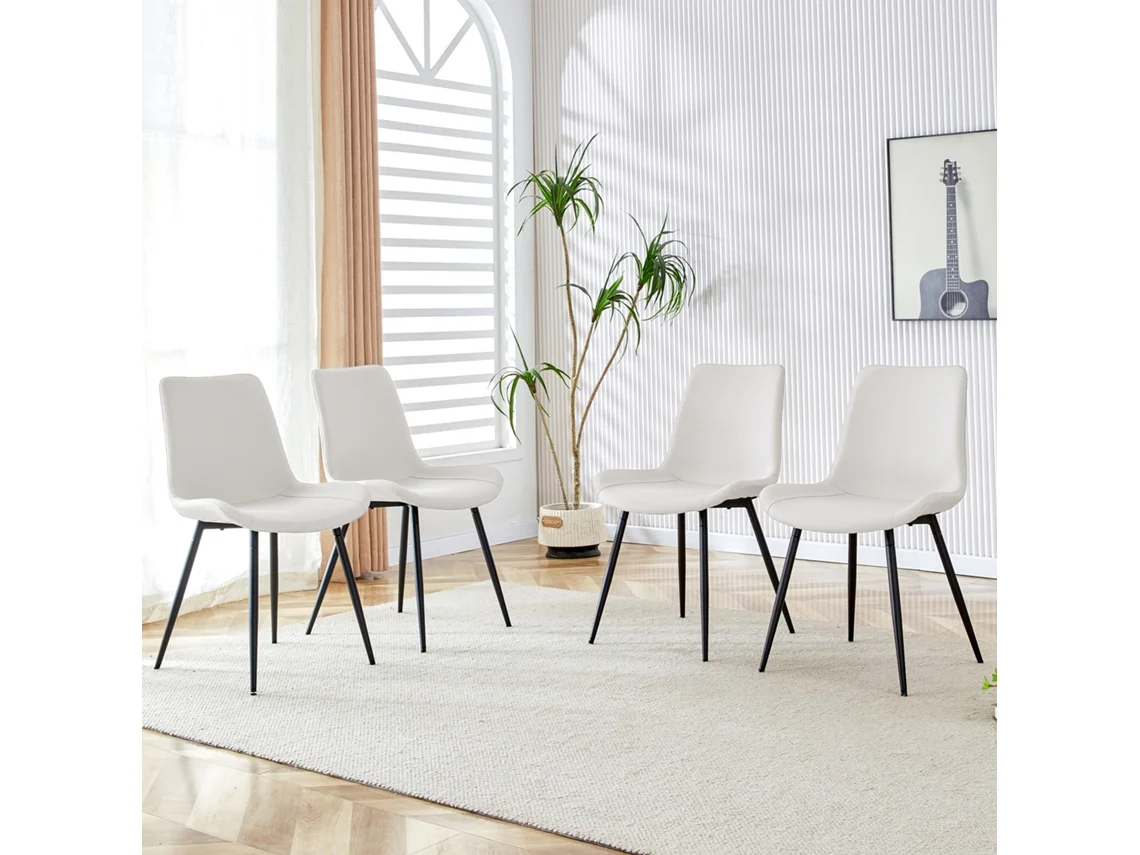 Juego De 4 Sillas De Comedor, De Piel Sintética Blanca, Con Asiento Ancho.