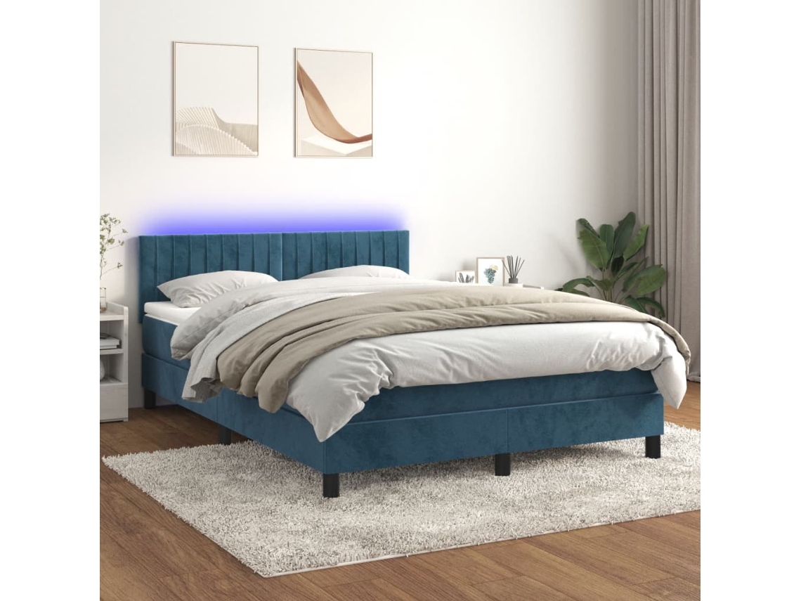 Cama Box Spring Colchón Y Led Terciopelo Azul Oscuro 140x190 Cm